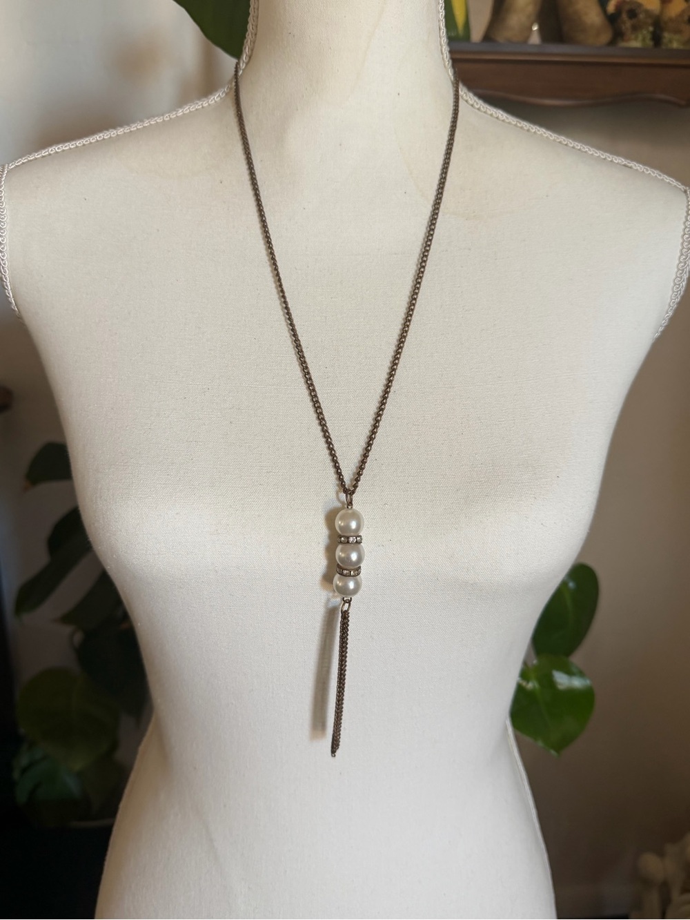 Vintage Silver Pearl & Crystal Tassel Necklace